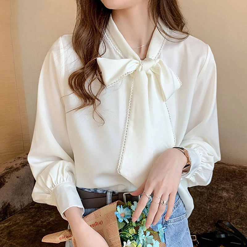 2022 Korean Loose Tops Spring Satin Fashion Chiffon Blouse Women White Office Lady Clothes with Bow Blue Long Sleeve Shirt 10691