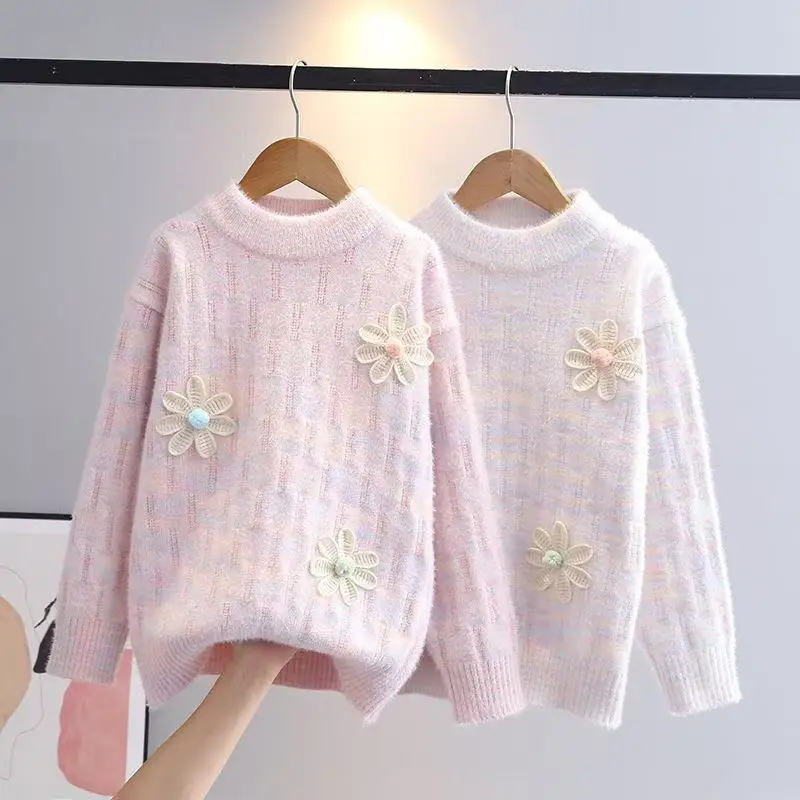 

Girls' Sweaters Fall Winter New Children's Knitwear Large Children's Sweater Flowers Soft Waxy Top 6 8 10 12 14 16 Years old