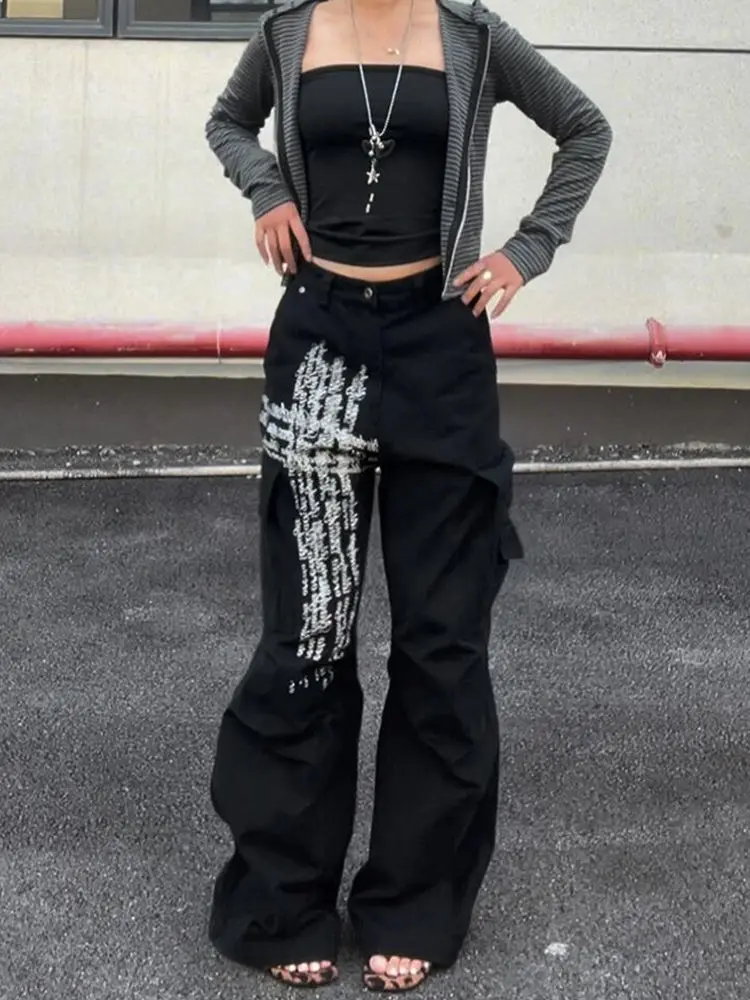 Y2K Vintage Letter Graphic Print Women's Cargo Pants Loose Fit Wide Leg Flattering Multi Pocket Streetwear Everyday Wear Outfit