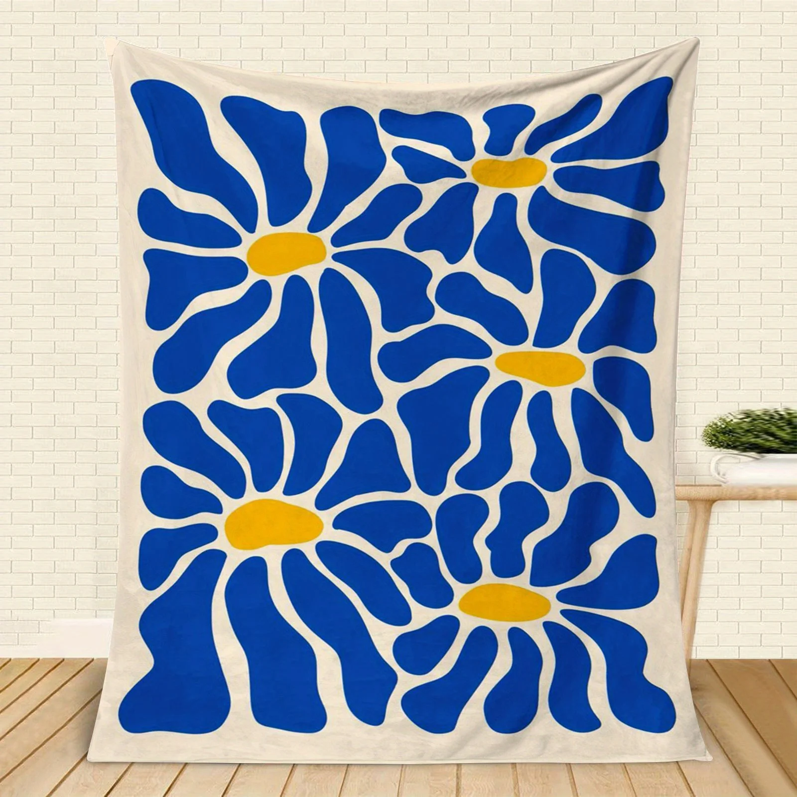 Große Retro-Flanelldecke mit Blumenmuster – Abstrakt in Blau und Gelb |   Weich, gemütlich, waschbar |   Sofa/Strand/Camping/Reisen |   Zeitgenössisch