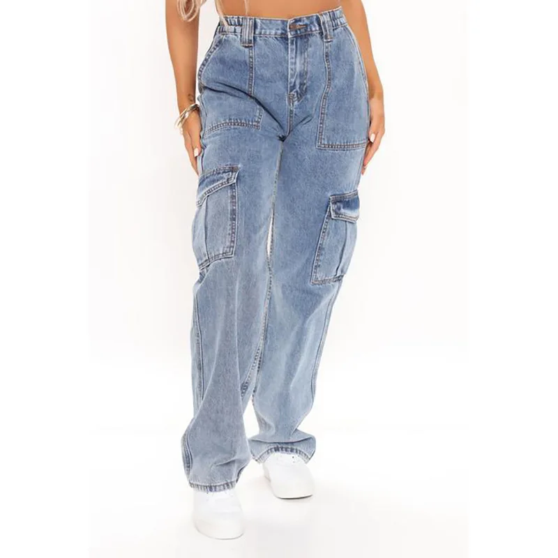 Vintage Baggy High-waisted Straight Leg Jeans, Wash Casual Multi-pocket Cargo Wide Leg Pants Jeans for Women's Autumn and Winter