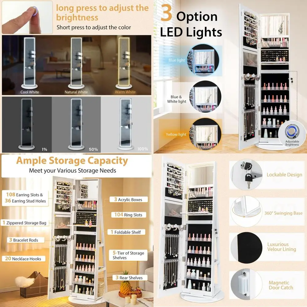 

White Standing Jewelry Cabinet with 360° Swivel Mirror, LED Lights, Storage Shelves & Foldable Shelf