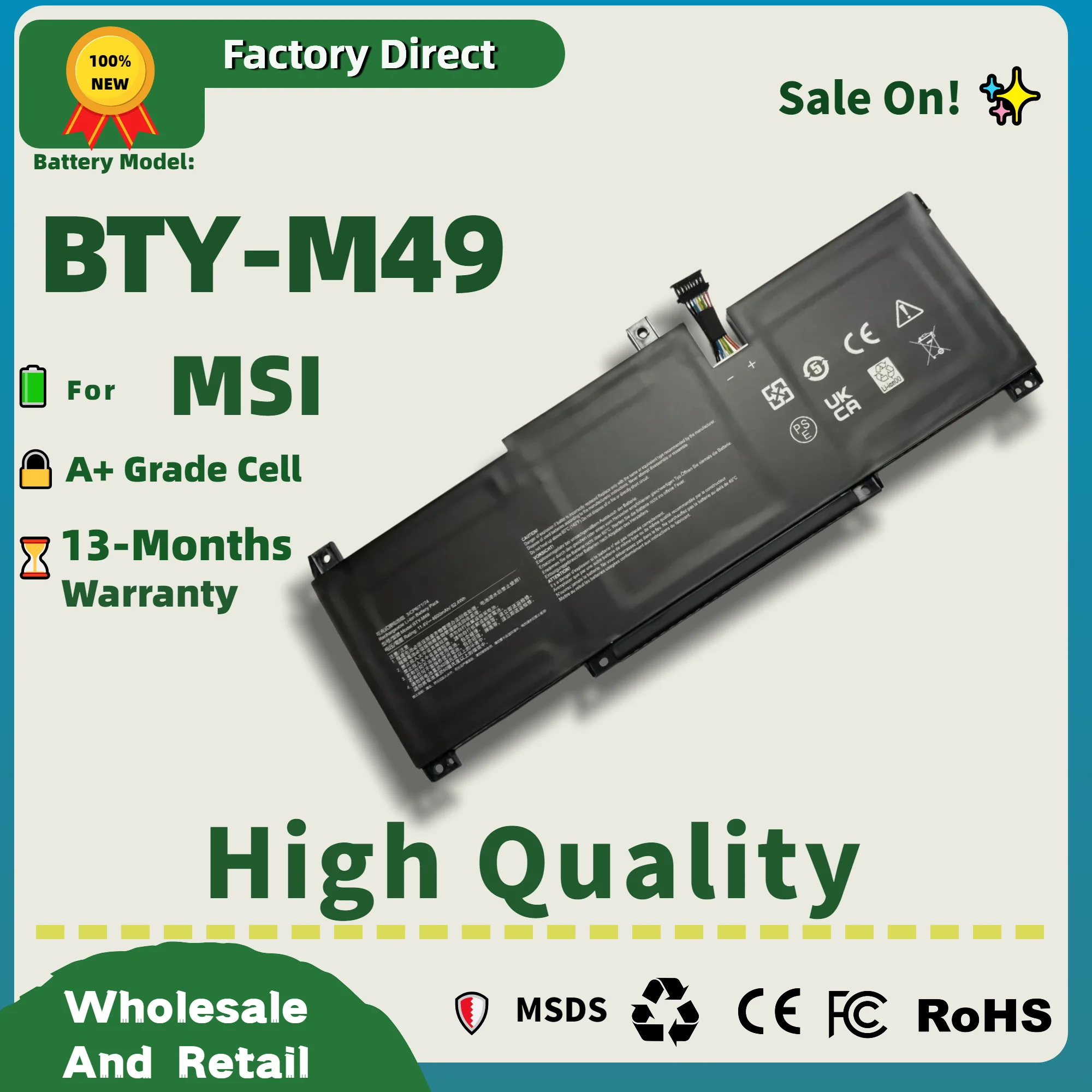 Image of FRLAN BTY-M49 für MSI 11,4 V/52,4 Wh/4600 mAh Prestige 14 A10SC Prestige 14 Hands-On A10M Laptop-Akku, 13 Monate Garantie