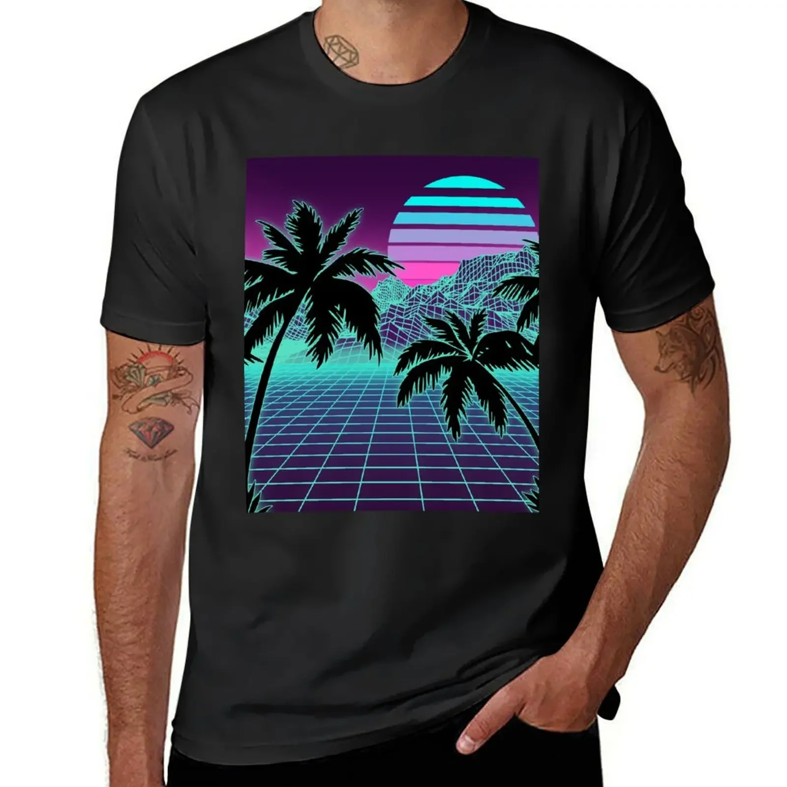 Summer Top Shirts Graphic Tees Men's T Shirts Retro 80s Vaporwave Sunset Sunrise with Outrun Style Grid Print T-Shirt Graphic