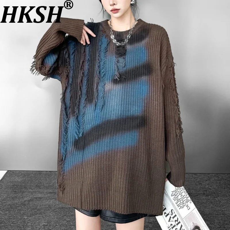 

HKSH Autumn Winter New Women Sweater Color Block O-neck Pullover Long Sleeves Versatile Chic Elegant Casual Knitted Tops HK17331