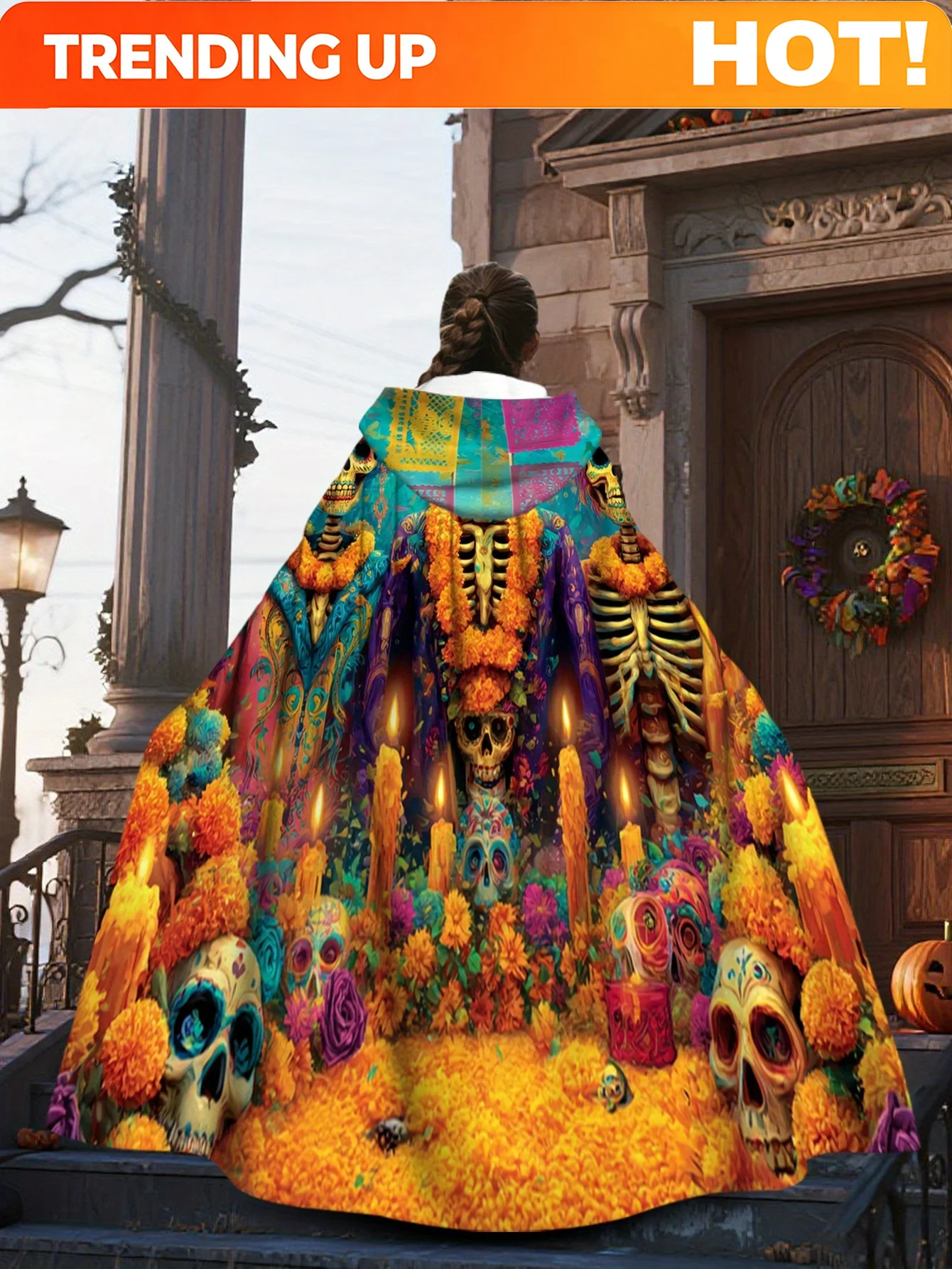 Customization 1pc LianyaoShi Selection 2D Flat Printing Day Of The Dead Must-Have Hooded Cape For Travel Sugar Skull And Flower