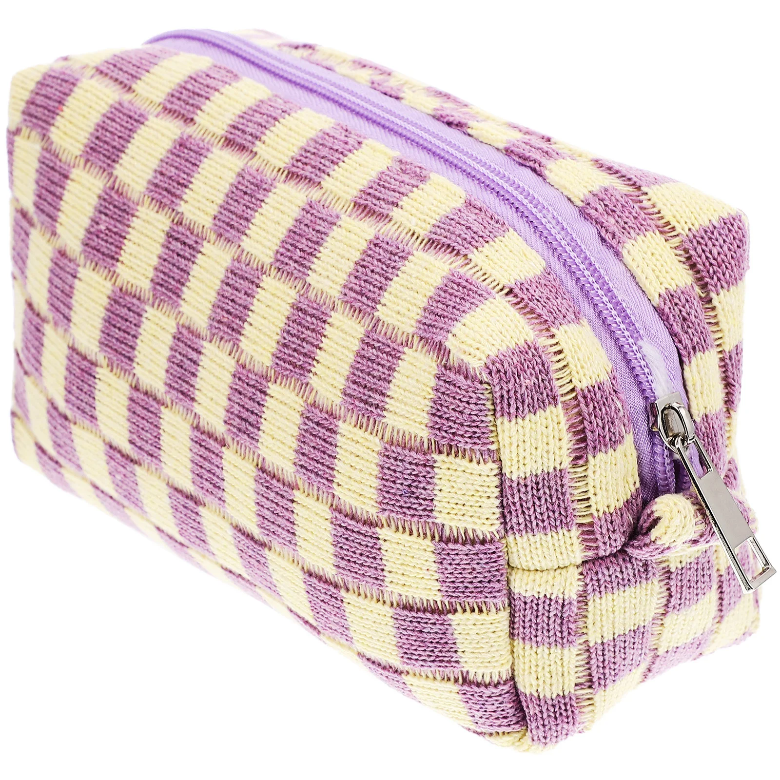 

Checkered Makeup Bag Large Capacity Woolen Yarn Organizer Portable Travel Toiletry Pouch for Cards Keys Money Daily Use