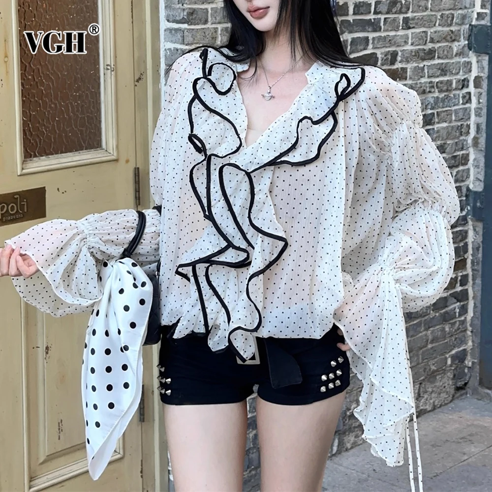 

VGH Свободные дизайнерские блузки со складками и принтом для женщин, летние темпераментные рубашки с v-образным вырезом и длинными рукавами, женский модный стиль