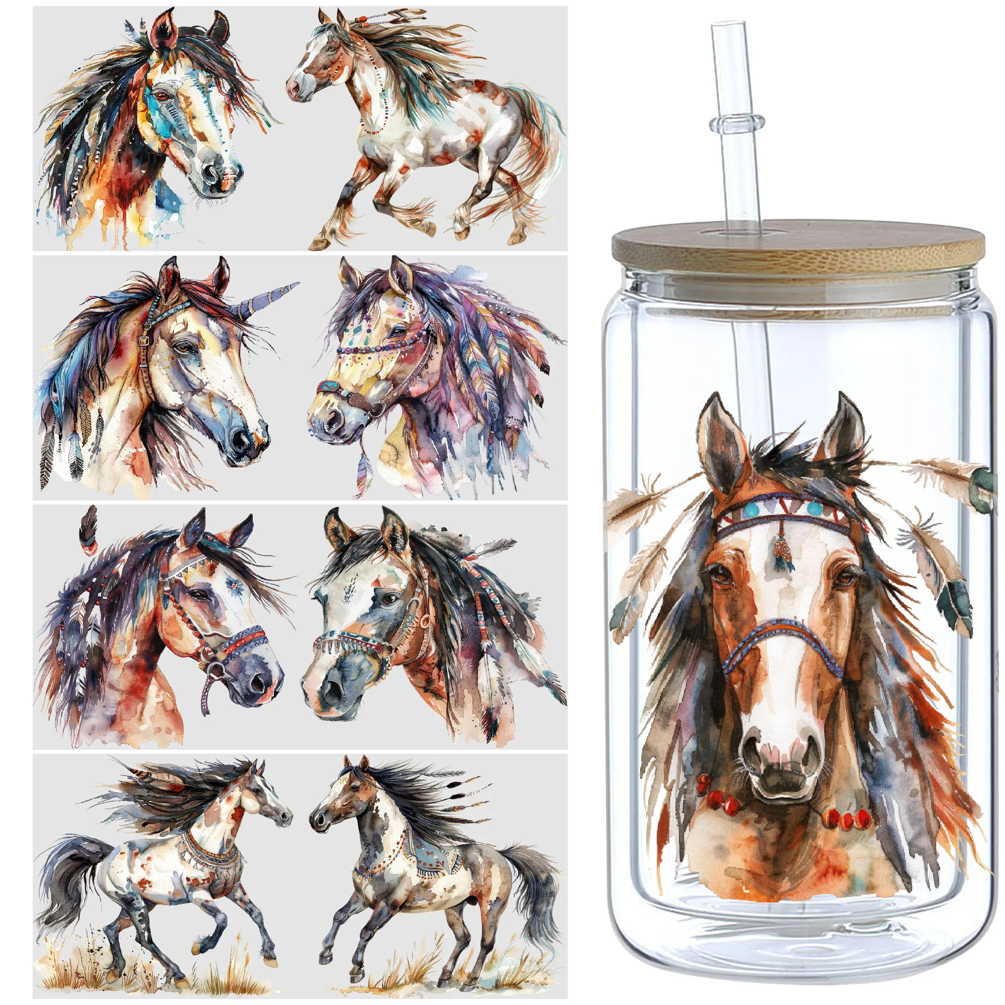 5 Sheets Native Horse UV DTF Cup Stickers, Glass Cup DTF Transfer Stickers, Waterproof Handsome Horse Wipe-Off Transfer Paper