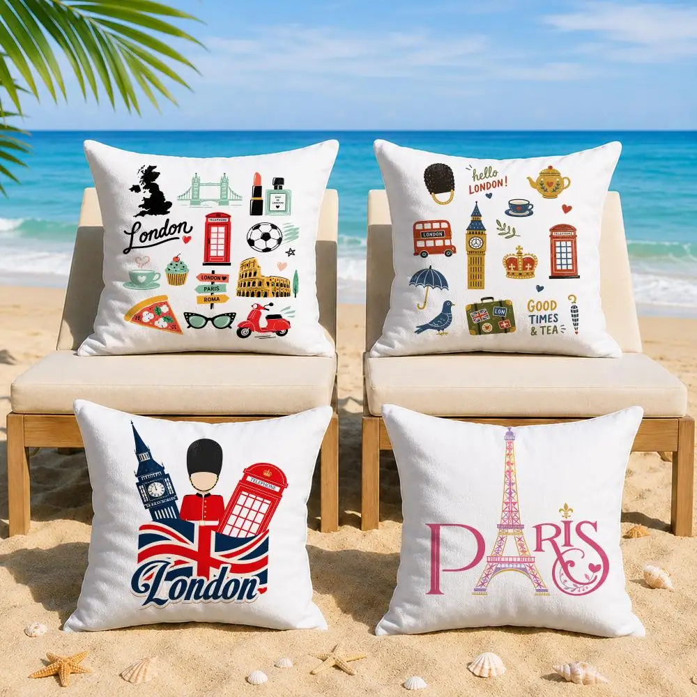 London UK Paris Cushion Cover Short Plush Soft Double-Sided Printing Pillow Case Cozy Sofa Bedroom Home Decor Gift