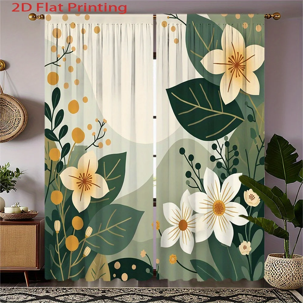 2pcs Floral Green Leaves Light Beige Curtains - 2D Flat Printing, Rod Pocket Design, Semi-Transparent Polyester Fabric, Machine