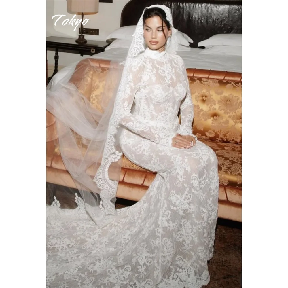 طوكيو مخصص الأبيض عالية العنق فساتين الزفاف طويلة الأكمام عارية الذراعين أثواب الزفاف أنيقة قطار المحكمة الدانتيل أثواب الزفاف