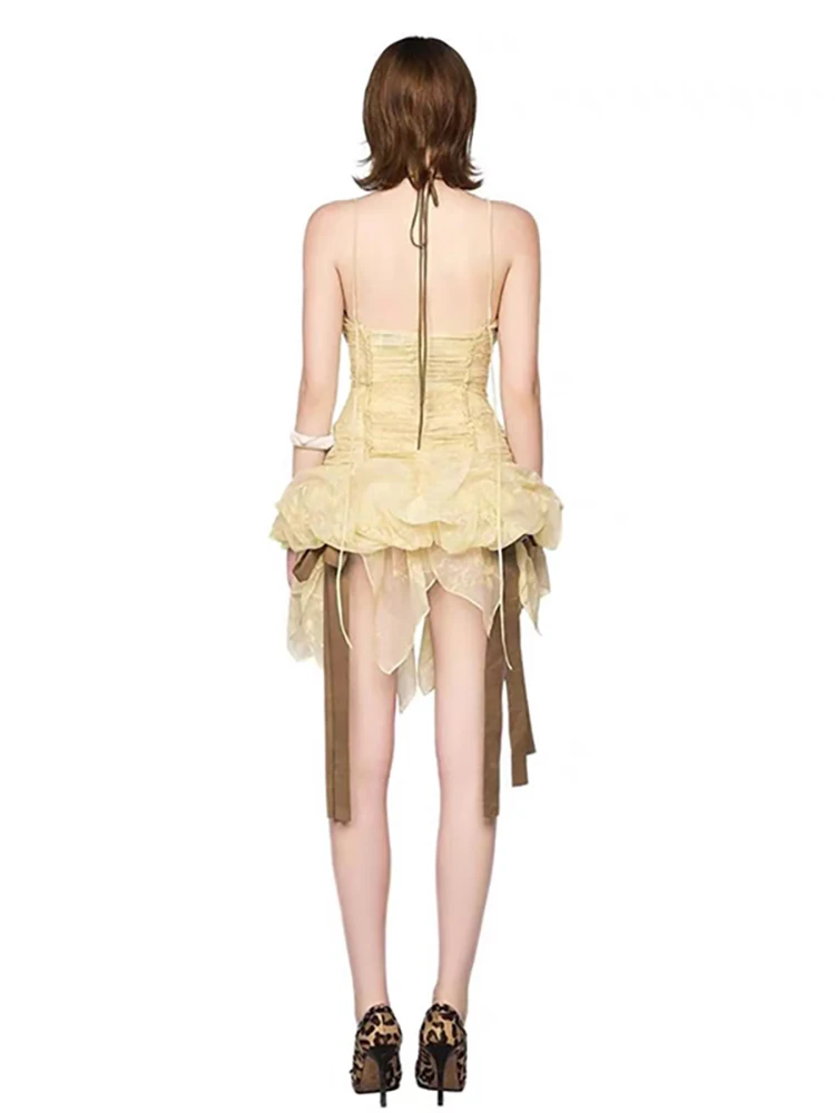 RORORIRI Mini abito in tulle trasparente Reggiseno Top da donna Set da 2 pezzi Nastro Halter Lingerie Top Abito a canotta a pieghe Abiti vintage sexy