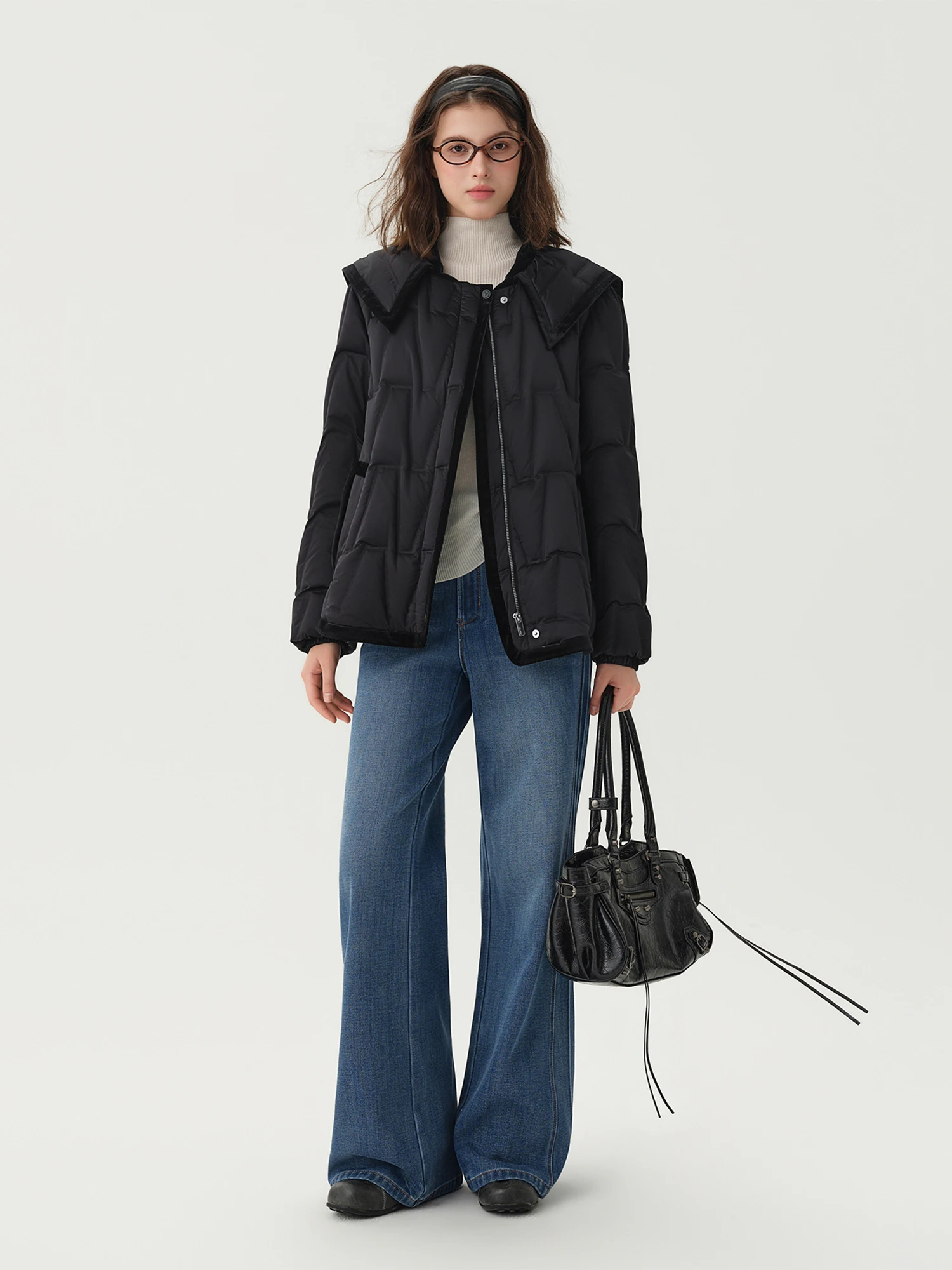DUSHU Retro-style Sailor Collar 90% White Duck Down Jacket Warm Thick Winter Coat Leisure Black Daily Velvet Color Blocking
