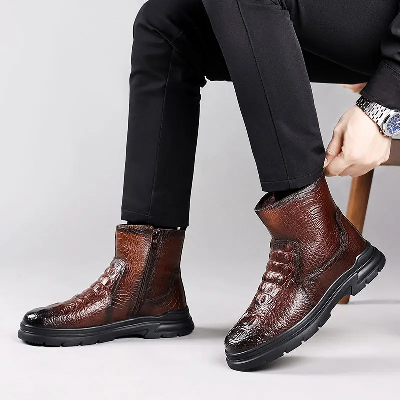 

Зимняя мужская хлопковая обувь из натуральной кожи с высоким берцем плюс бархатная уличная повседневная мужская обувь, теплые зимние ботинки из овчины с мехом