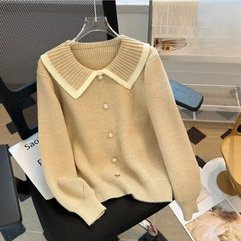 Peter Pan Collar Lantern Long Sleeve Autumn Winter Screw Thread Women\'s Solid Color Cardigan Sweater Knitted Coats Casual Tops