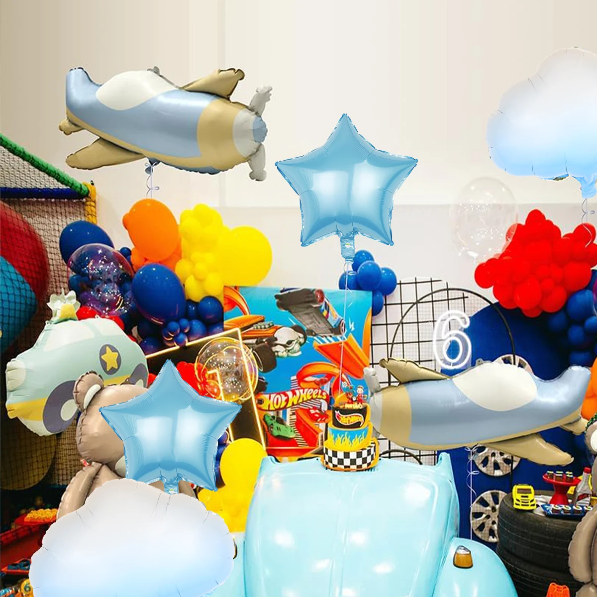 6pcs airplane balloon set, airplane, white cloud, star balloons, suitable for birthday party, adventure theme party decorations