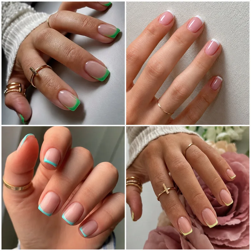 INS Trend Minimal French False Nails Set 120Nude Base Short Square Nails With Edges Glossy Ready Wear Self Adhesive Nail Patches
