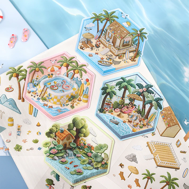 4 Style Summer Beach Themed Landscape Sticker Simulated Embroidery Collage Decorative Stickers DIY Journal Scrapbook Diary Decor