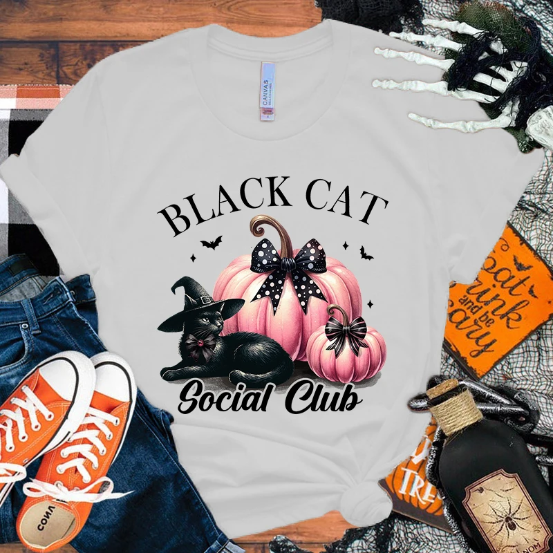 

Halloween Black Cat Social Club Print T-Shirt Women Men Summer Casual Short Sleeve Round Neck Tops Fashion T-Shirts