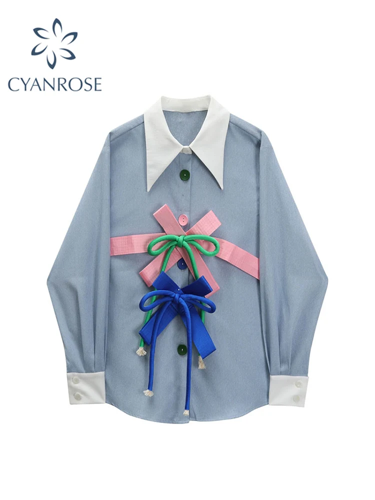 Casual Long Sleeve Lapel Collar Blouse Button Up Bow Shirt Women New Female Elegant Ladies Tops Korean Fashion Autumn 2022 New