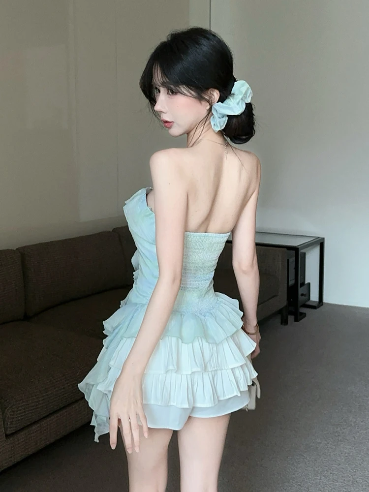 

Милый розовый укороченный топ с рюшами на одно плечо и юбка с высокой талией, женский модный летний наряд, утягивающие плиссированные брюки