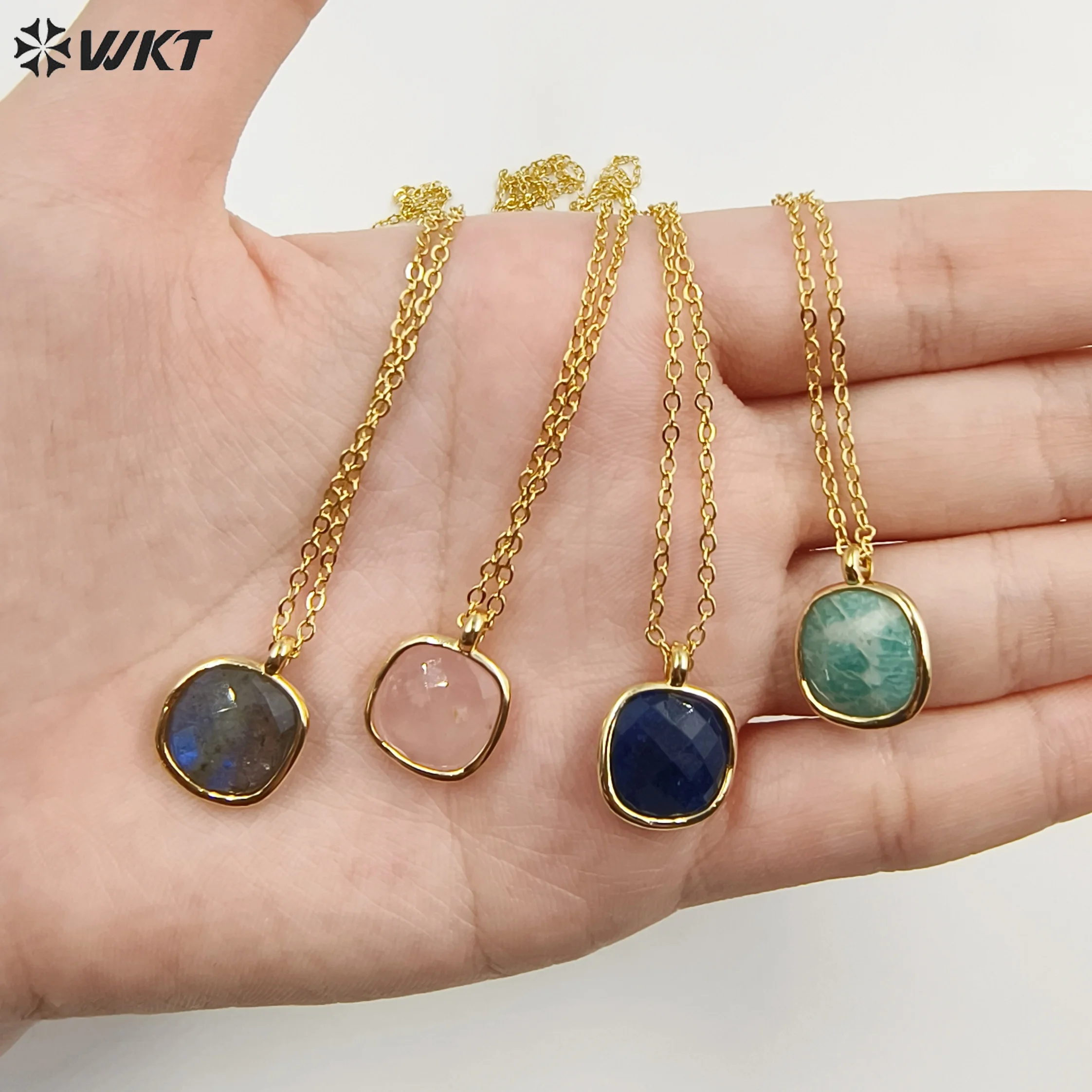 

WT-N1439 WKT Charming Hot 14mm Square Gemstone Necklace With 18 Inch Long Real Gold Plated Chain Labradorite Necklace