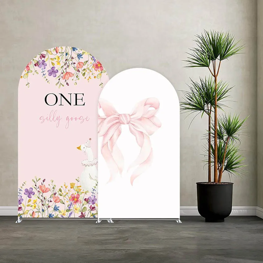 Mehofond Custom 2-Sided One Silly Goose Pink Bow Girl 1st Birthday Party Baby Shower Cover Chiara Arch Background Decor Backdrop