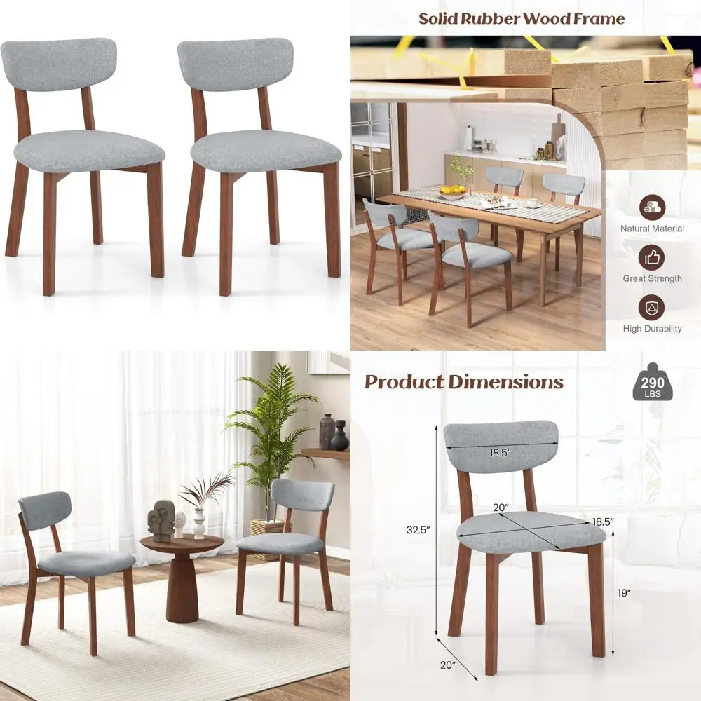 

Upholstered Mid-Back Kitchen Chairs Set of 2, Padded Seat, Curved Backrest, Solid Rubber Wood Frame, Comfortable Dining Chairs