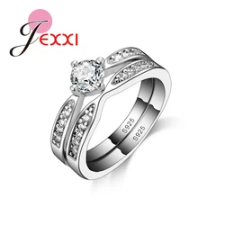 Round White CZ Simple Elegant 925 Sterling Silver Engagement Rings Set For Women Wedding Ring Bague Jewelry