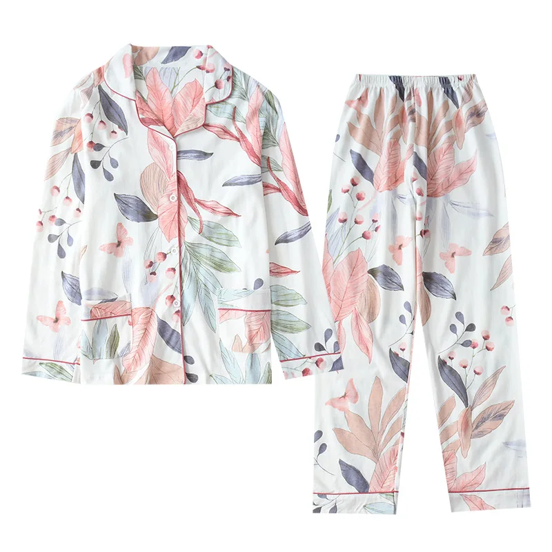 New Spring and autumn new ladies pajamas suit floral 100% cotton fresh style pajamas suit female lapel female casual home wear