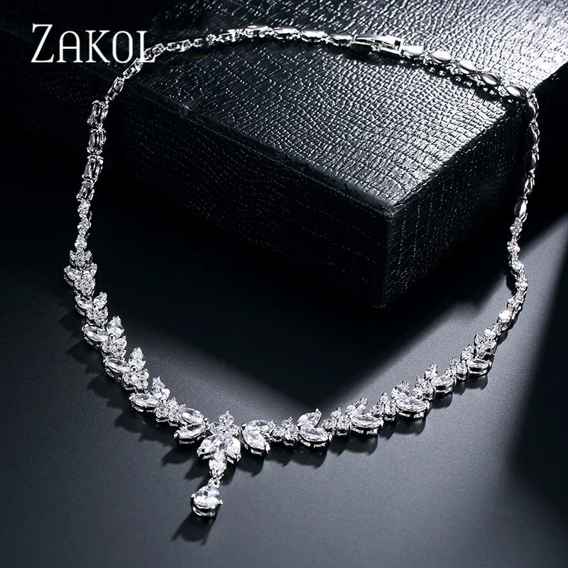 ZAKOL luksusowe wykwintne Marquise Cut Cubic cyrkon naszyjniki liści dla kobiet moda Bridal Wedding Party biżuteria akcesoria