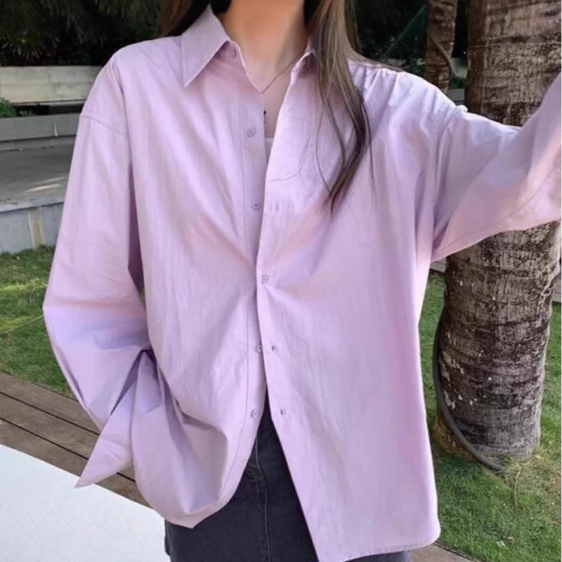 

Модная однотонная женская блузка из хлопка, весенне-летняя, повседневная, в корейском стиле, оверсайз, стройнящая, универсальная, длинная повседневная рубашка
