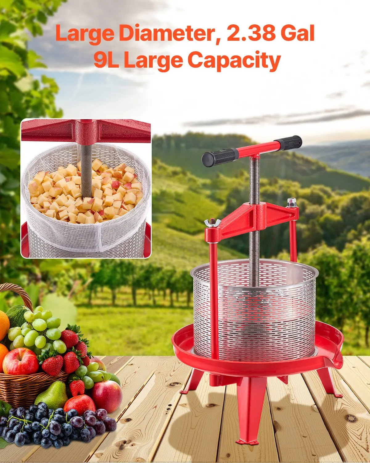 

Juice Extractor 9L Capacity For Home Kitchen, Winery, Orchard, T-Handle Manual Operation Cross-beam Triangular Base Multi-pur