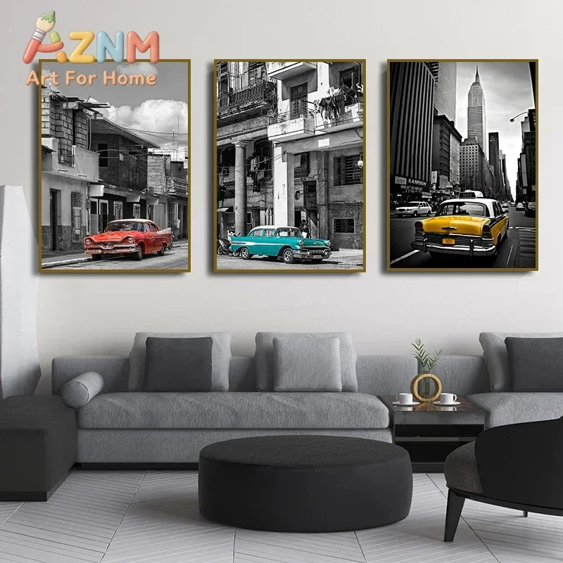 Yellow Taxi NYC Lisbon Retro Tram Portugal Classic Car Poster Black and White Canvas Painting Print Wall Living Room Home Decor