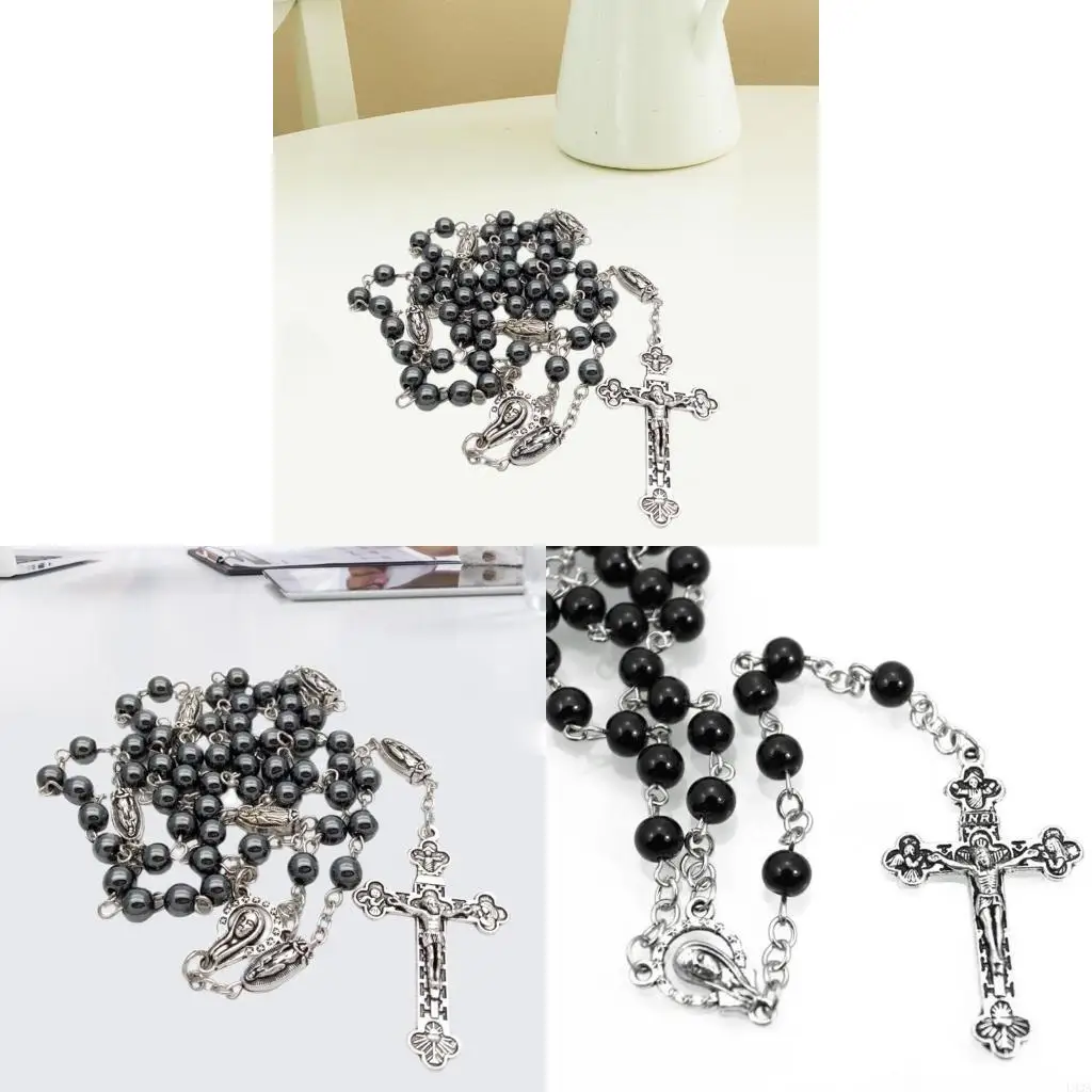 L43A Vintage Religion Rosary Necklace Hematite Stone Round Beads Chain with Jesus for Cross Pendant Necklace Charms Prayer Gift