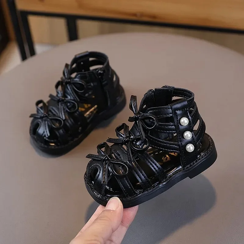 

Летние корейские сандалии принцессы для девочек, детская дышащая обувь для малышей, нескользящая римская обувь с высоким берцем и бантом для девочек, однотонная