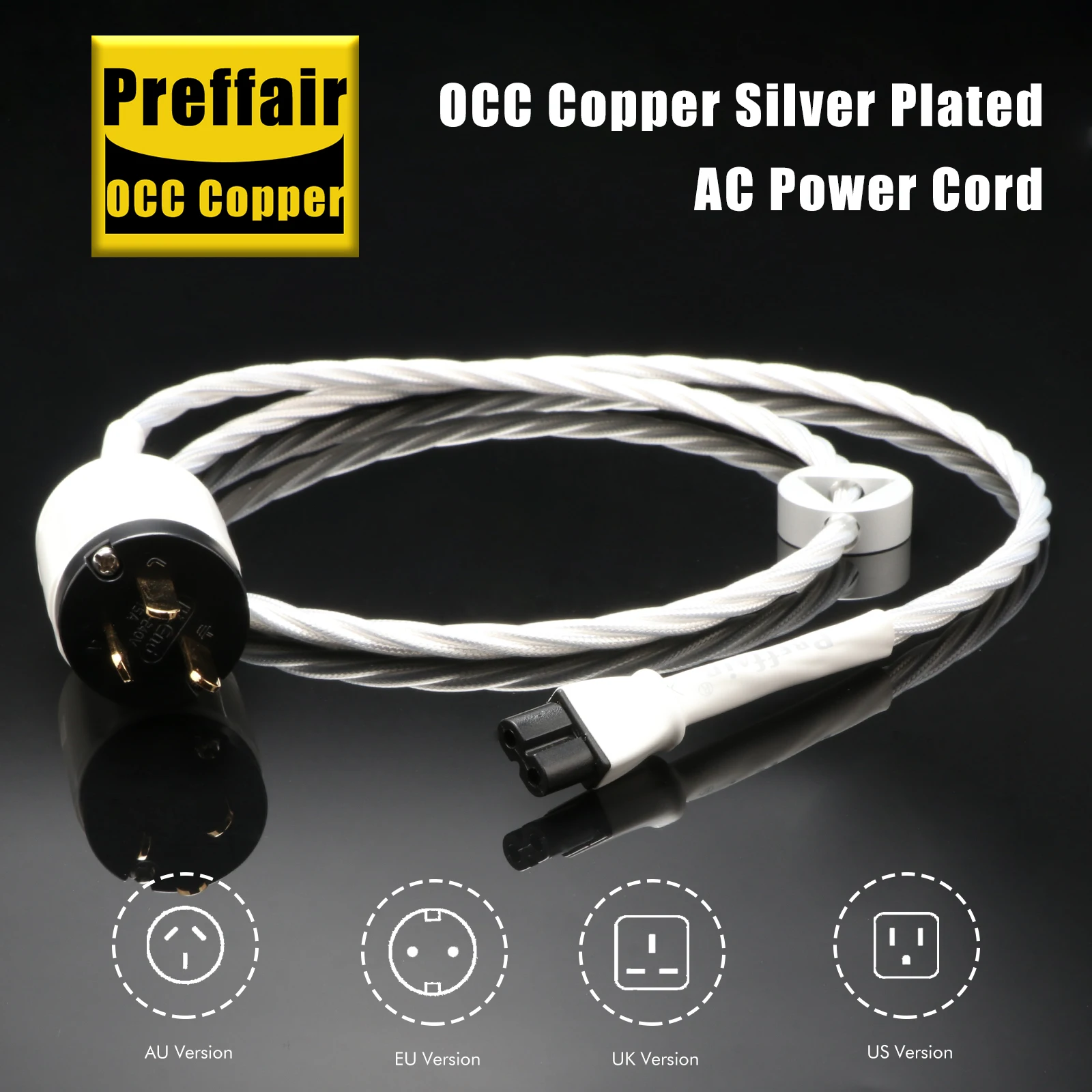 Preffair X463 Silver Plated Power Cable with Gold Plated EU/AU/UK/US to C7 Plugs&PTFE Insulation Braiding for AMP/CD/DVD/Mixer