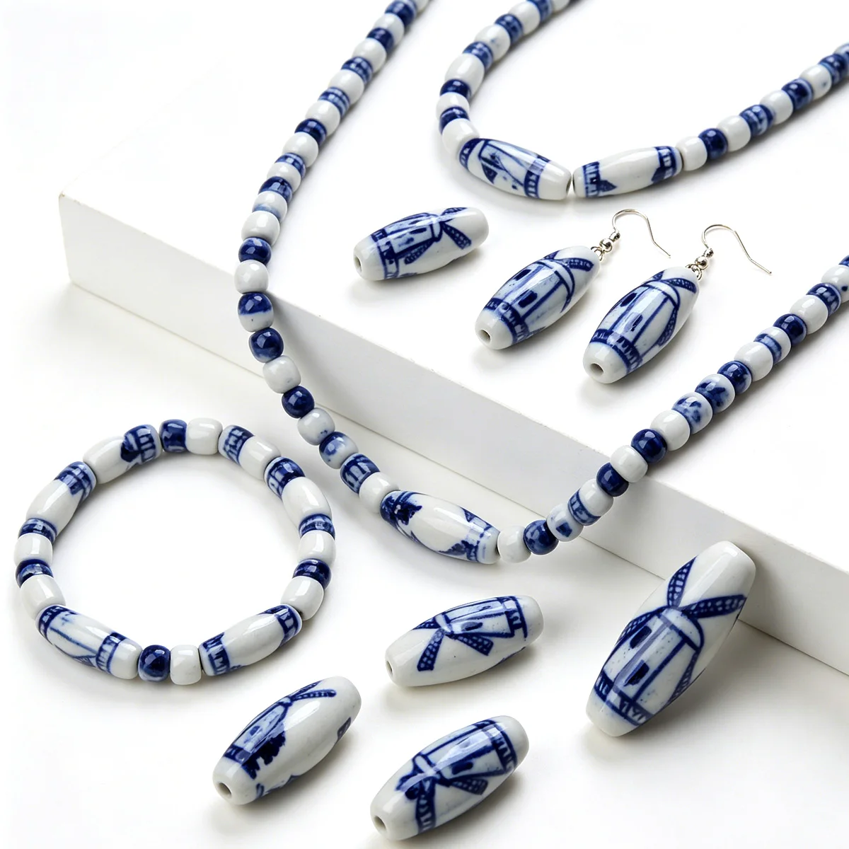 

6pcs/Lot 31MM Windmill Elliptical Shape Blue And White Porcelain Ceramic Beads For Jewelry Making DIY Bracelet Necklace Earrings