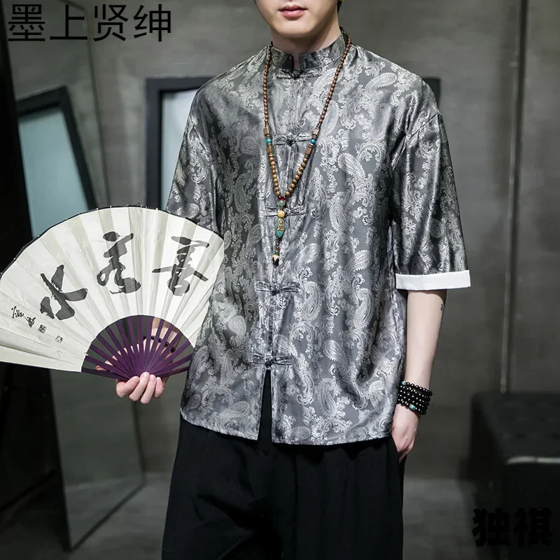 الرجال الملابس النمط الصيني تانغ دعوى الجاكار نصف كم قميص الكونغ فو معاطف الربيع الصيف فضفاض الساتان بلوزة الرجال قميص
