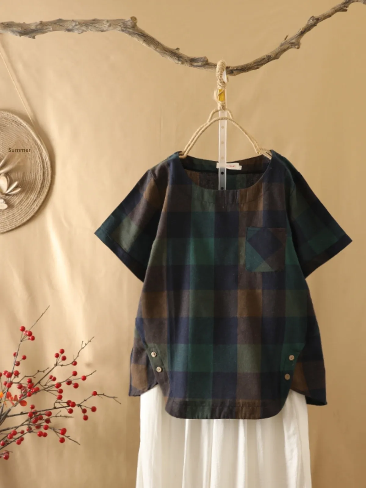 Retro Plaid Baumwolle Leinen ort Sve T-shirt Sommer plus Größe frauen Kleidung Patch ket runde Ne Gewicht Verlust Top