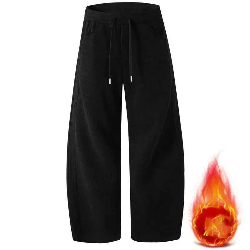 

Зимние модные универсальные и толстые бархатные спортивные штаны для мужчин, свободные прямые брюки в американском стиле с широкими штанинами, модные брендовые брюки для папы