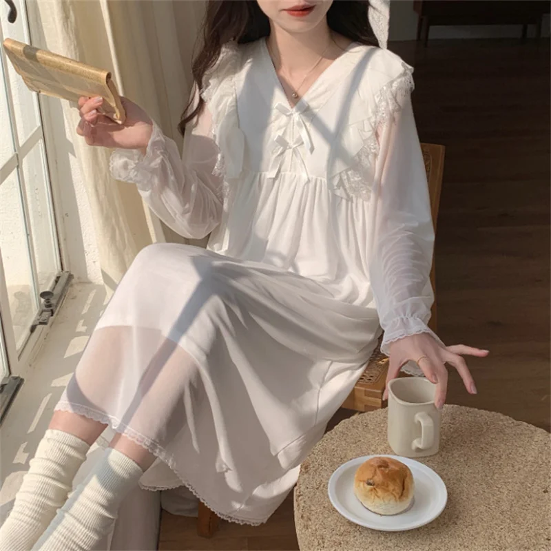 

Princess Sweet Nightgowns Women Loose V Neck Long Sleeve Nightdress Autumn Winter Home Wear Modal Mesh Lace Ladies Night Dress