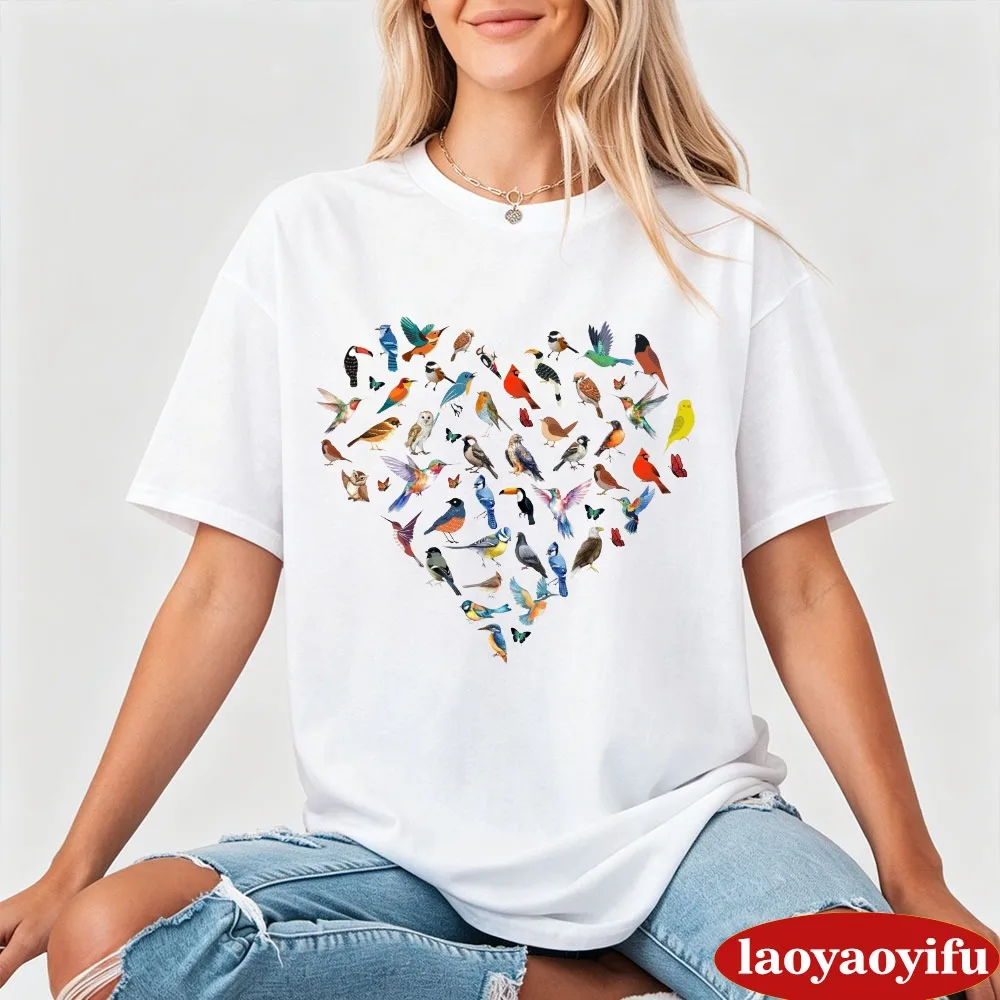Bird Lover Watercolor Heart Shaped Bird Collage Women's T-shirt Nature Pattern Funny Birdwatcher Gift Graphic T Shirts Tops