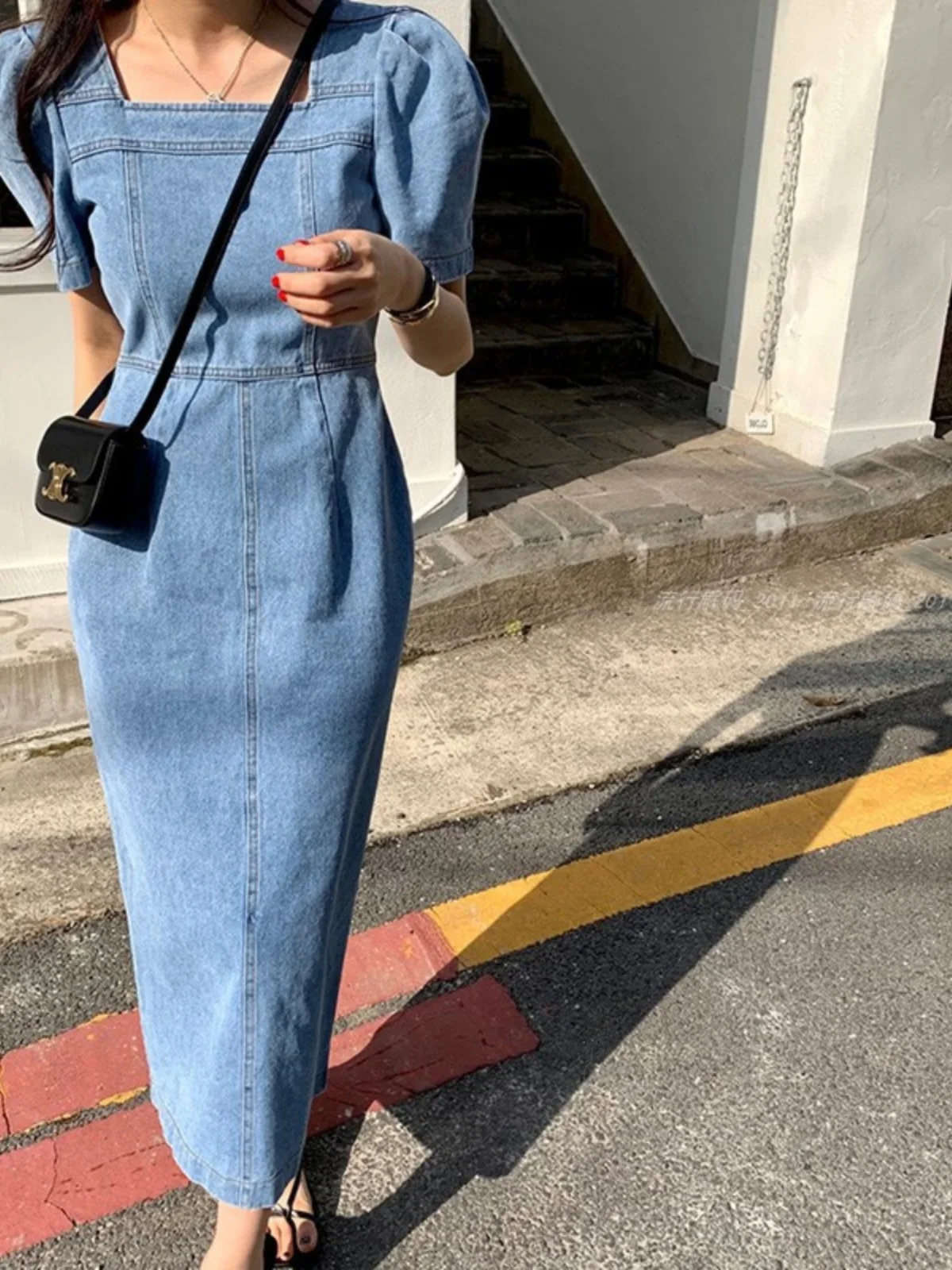 Summer Women's High Waist Denim Dr Puffy Sve Square Collar Bodycon Long Skirt Korean Sle Commute Pure Color A-Line Skirt
