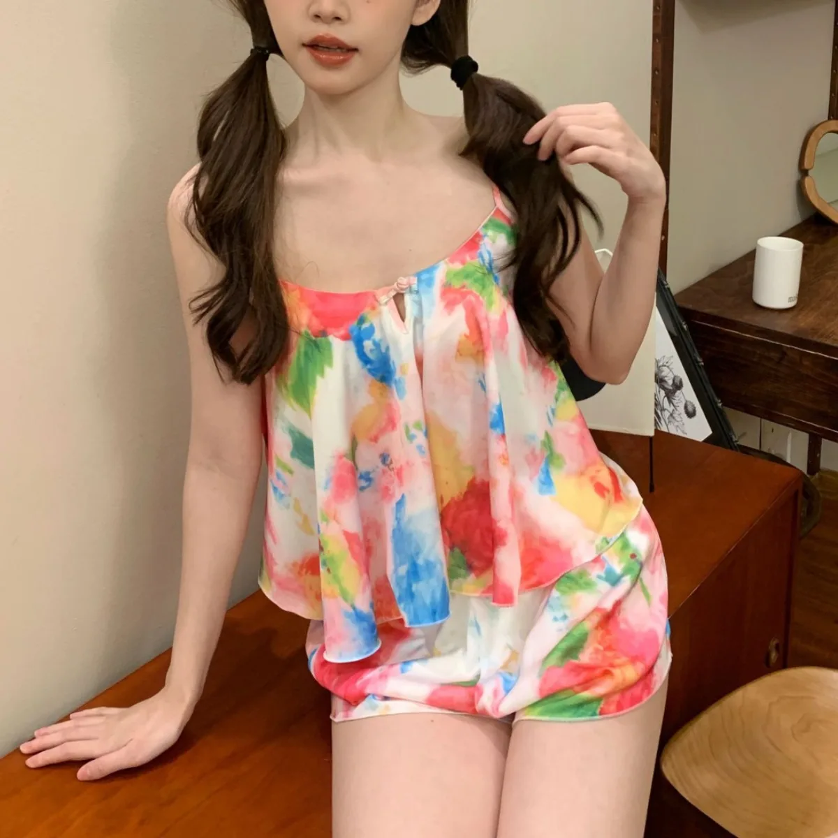 

Tie-dye Printed Satin Pajamas Suit Shorts Home Clothes Summer Underwear Girls Ethnic Style Ice Silk Teenagers 2024 New Fashion