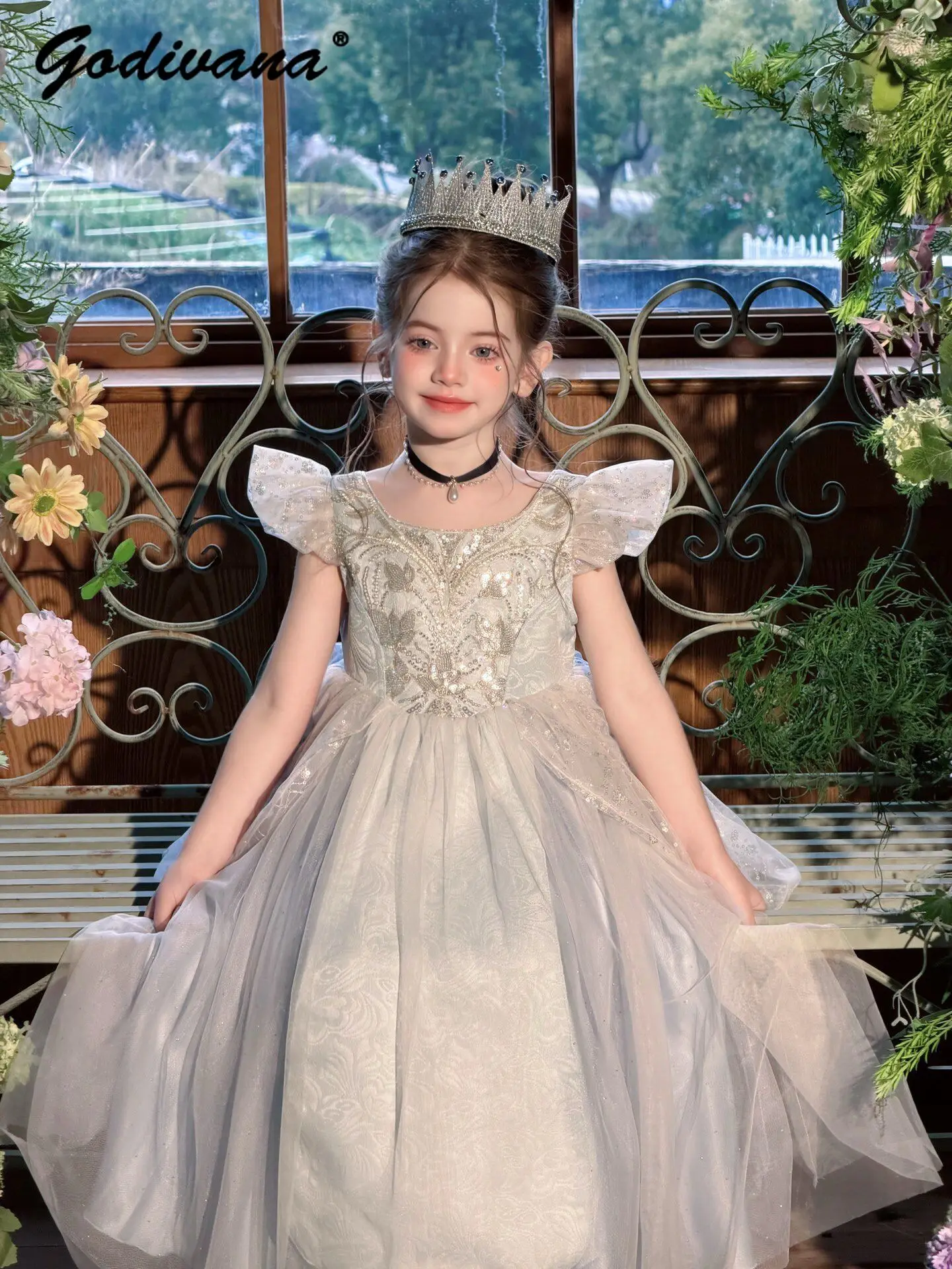 Sweet Baby Girls High End Heavy White Mesh Princess Dress Kids Fashion Feifei Sleeve Tulle Sequin Long Gown Birthday Party Dress