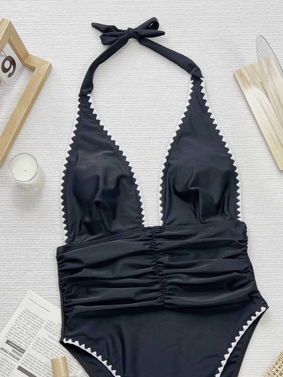 بدلة سباحة نسائية قطعة واحدة بلون موحد لعام 2024، تصميم معلق على الرقبة، مثير ومكشوف الظهر، مناسب للشاطئ والرياضة