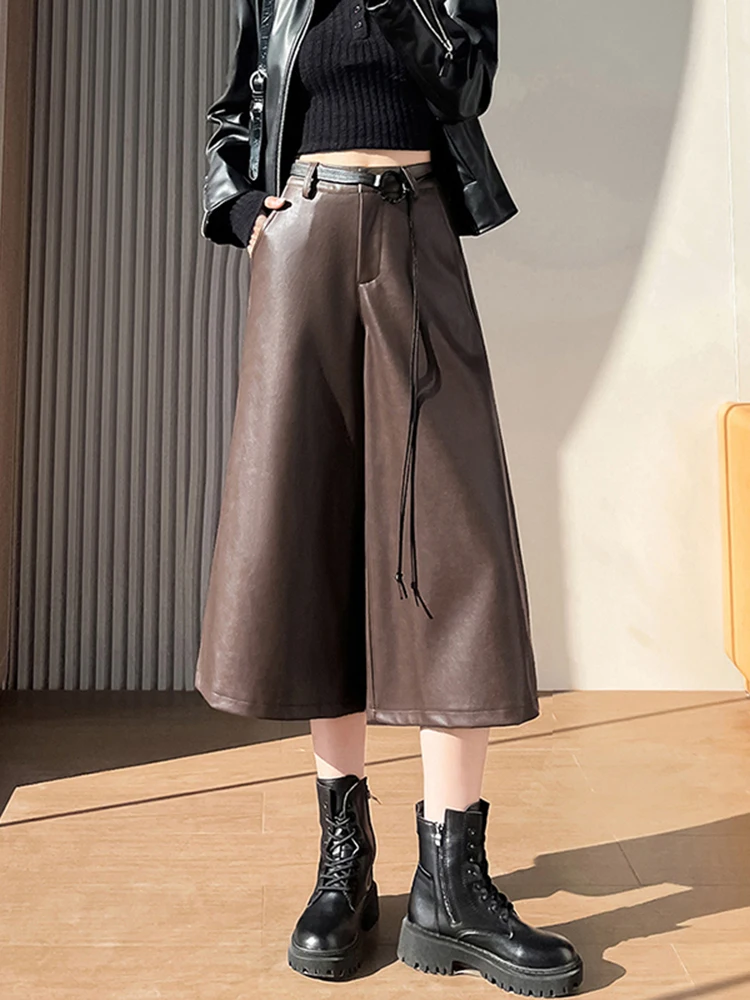 Hoge taille PU lederen wijde pijpen broek dames losse casual broek met zeven voet lengte herfst winter nieuw asymmetrisch reflecterend...