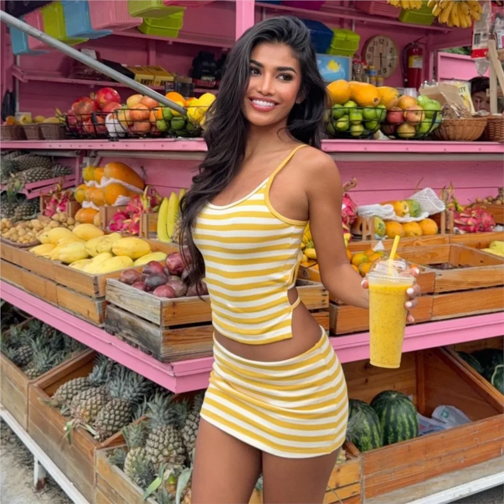 Striped New In Matching Set 2 Pieces Set For Woman Two Piece Outfit Hot Girl Style All-match Patchwork Vest Backless Package Hip